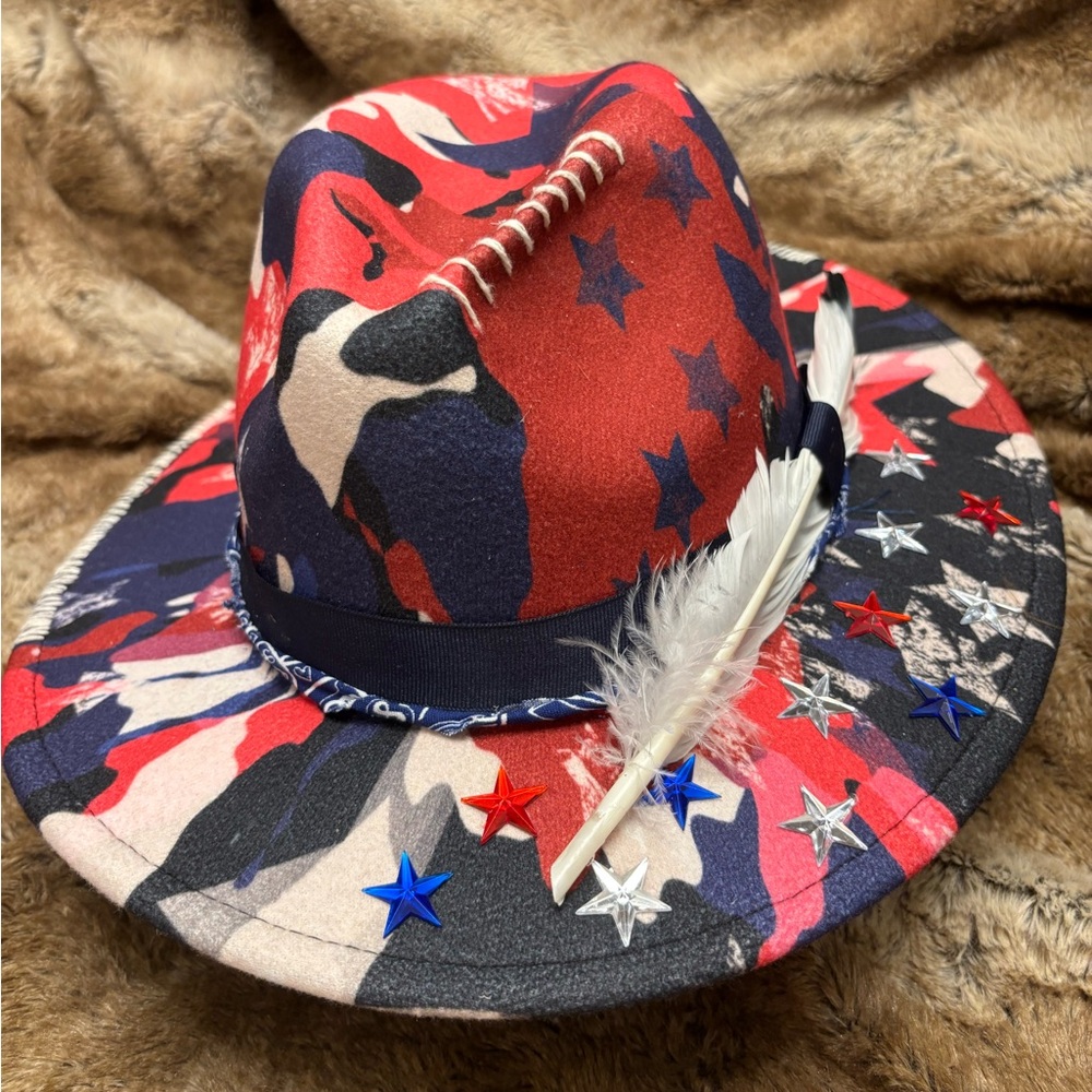 Patriotic Star-Studded Hat with Feather
